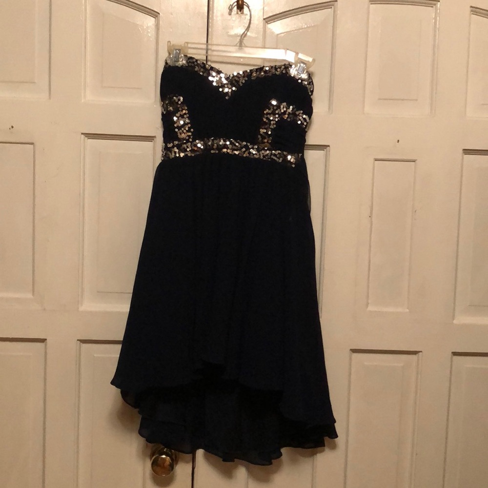 Navy blue strapless high-low dress